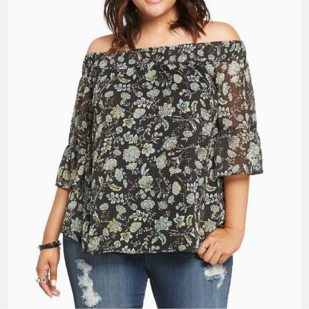Torrid Off the Shoulder Ruffle Sleeve Green Floral Romantic Flirty Blouse 0X
